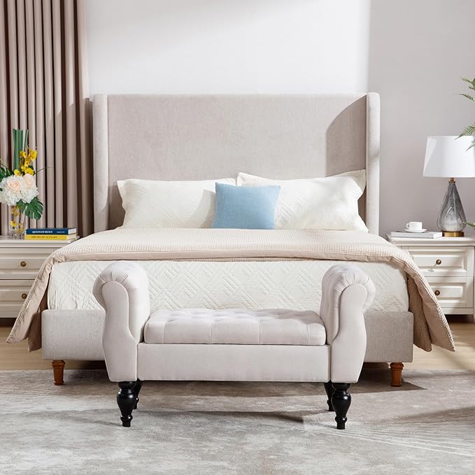 Armed Storage Bench for End of Bed, Modern Bedroom Bench with Wood Legs Upholstered Linen Fabric Entryway Bench with Storage, Button Tufted Window Bench for Living Room, Reception, Beige