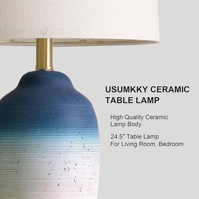 USumkky 24.5" Vintage Ceramic Table Lamp with 5FT Cord - Single Farmhouse Rustic Bedside Lamp with Natural Textured Finish, Nightstand Lamps for Living Room, Bedroom, End Table, Office White and Blue