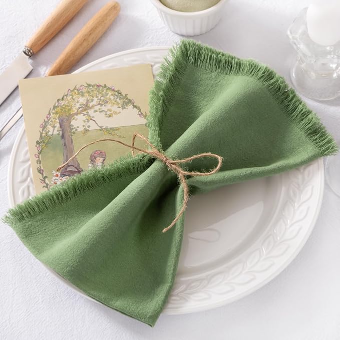 DeZerlor 6 Pack Sage Green Cotton Linen Napkins with Fringe Summer Cloth Napkins Set of 6 Boho Handmade Dinner Napkins Bulk for Wedding Bridal Baby Shower Parties, 17 x 17 Inches