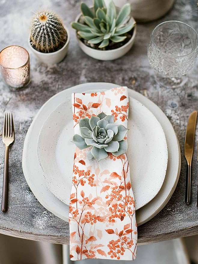 Orange Wildflower Cloth Napkins Set of 6 - Washable Dinner Napkins Reusable Table Napkins for Home Party Weeding Dining Table Setting Decoration,Oversized 20"x20" Flower Floral Botanical Spring Summer