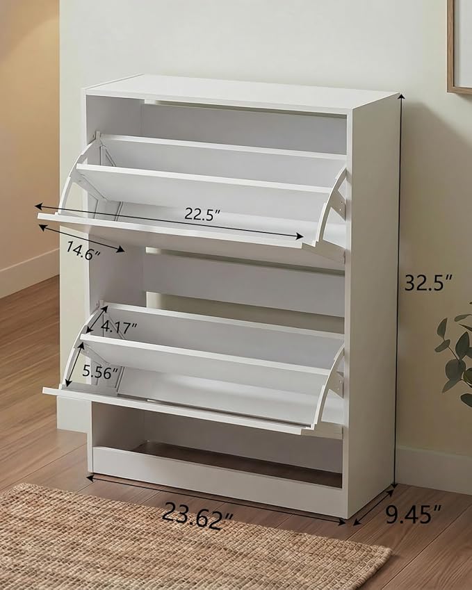Shoe Cabinet Organizer with 2 Flip Drawers, Narrow Rack with Adjustable & Removable Shelves, Slim Shoe Storage for Entryway, Foyer, Hallway, White