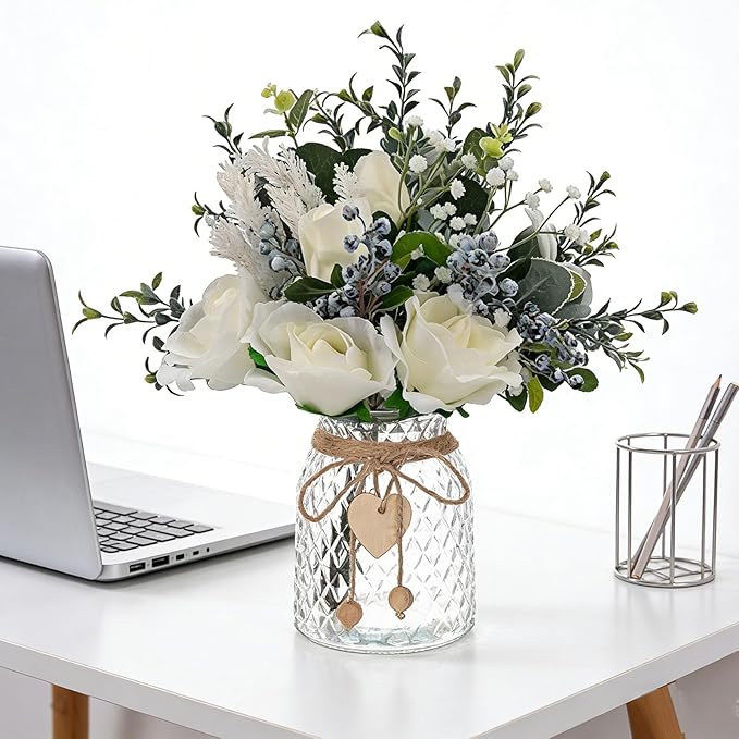 Faux Flowers in Vase, Silk Flower Arrangements Blueberry & Fake Roses Artificial Flowers in Vase, Fake Flower Bouquet for Dining Table Centerpiece Decor and Coffee Table Decor