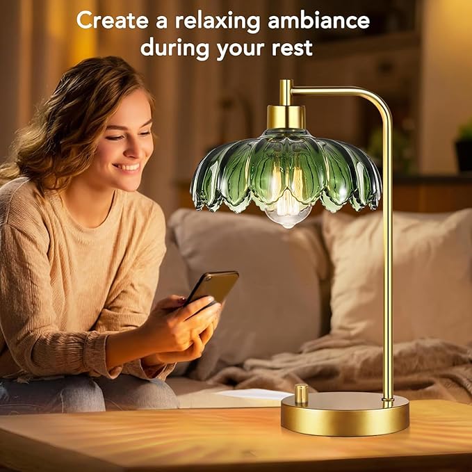 ILLMTW Glass Table Lamp Set of 2,Small Gold Bedside Lamps Dimmable Boho Bedroom Lamp with Tulip Flower Green Lamp Shade,Vintage Mid Century Modern Mini Nightstand Lamp for Bedroom Living Room