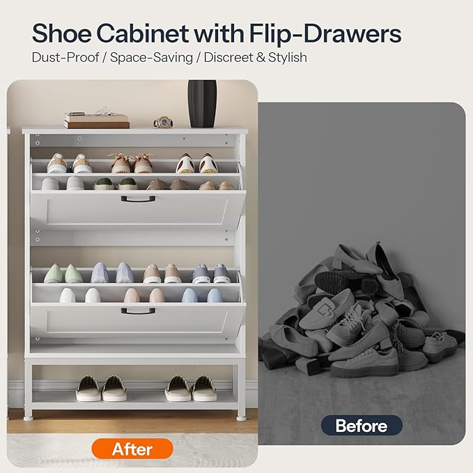 HOOBRO Shoe Cabinet, Narrow Shoe Storage Cabinet with 2 Flip Drawers, Hidden Shoe Rack with Adjustable Divider and Metal Legs, Space-Saving for Entryway, Hallway, White WT21SC01