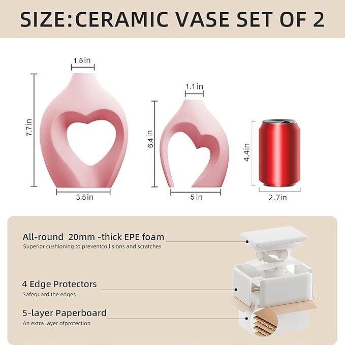 Zormon Pink Heart Shaped Ceramic Vases Set of 2, Modern Nordic Minimalist Flower Vases for Home Decor, Hollow Aesthetic Vases for Living Room, Shelf, Table, Office and Wedding Centerpieces