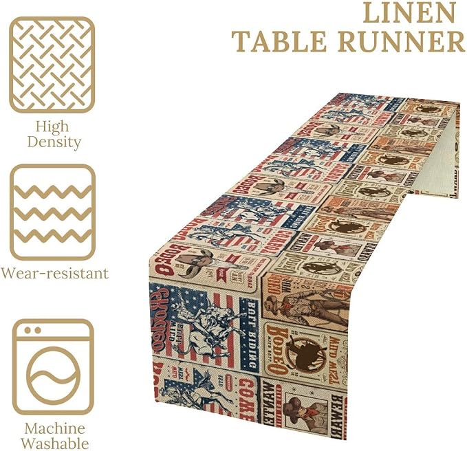 Vintage Cowboy Table Runner, Retro Western Rodeo Poster Home Decor Table Runner for Kitchen Dining Cafe Party, 13x108 Inch