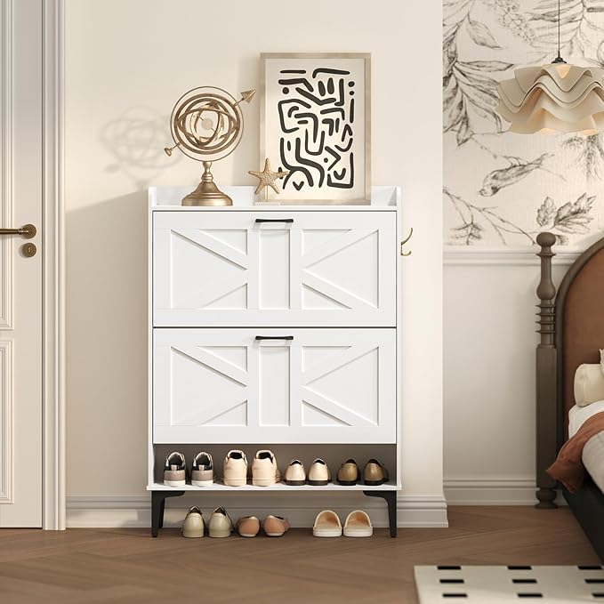 MAHANCRIS Shoe Storage Cabinet, Shoe Organizer with 2 Flip Drawers, Hidden Shoe Storage for Entryway, Freestanding Organizer with Open Storages, White SHWT9401