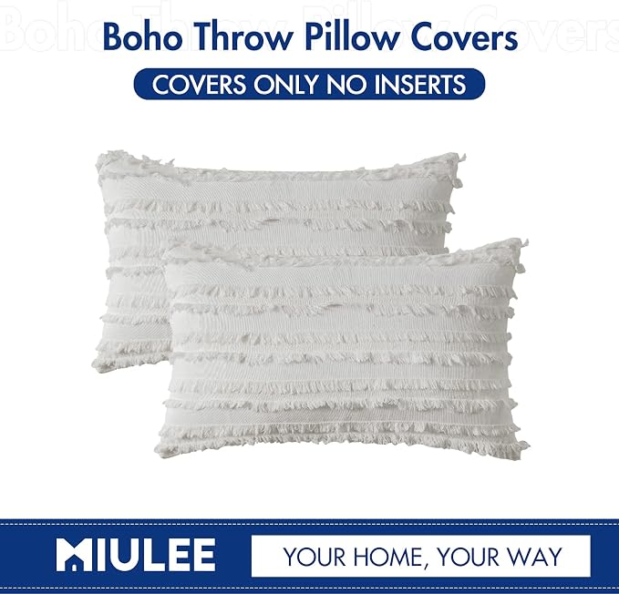 MIULEE Set of 2 Decorative Boho Throw Pillow Covers Spring Linen Striped Jacquard Pattern Cushion Covers for Sofa Couch Living Room Bedroom 12x20 Inch White