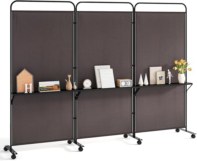 Giantex 3 Panel Room Divider with Wheels and Shelves, 103" W x 74" H Folding Privacy Screen, Rolling Partition Separator for Home Office Studio, Fabric Wall Divider for Room Separation (Brown)