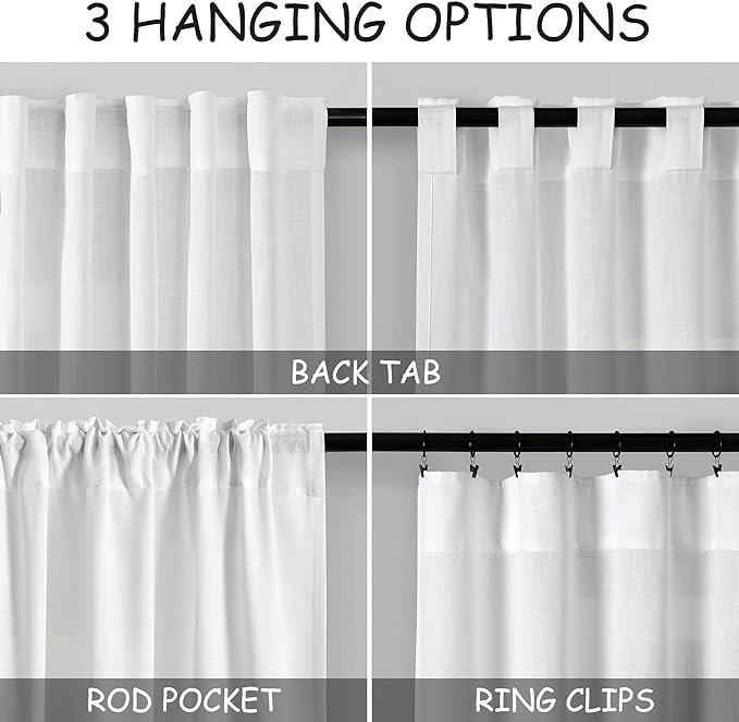 Nanspring White Linen Back Tab Rod Pocket Curtains for Small Short Windows 2 Panels Set Privacy Semi Sheer Linen Drapes Neutral Modern Farmhouse Window Curtain Rustic Curtain 52x50