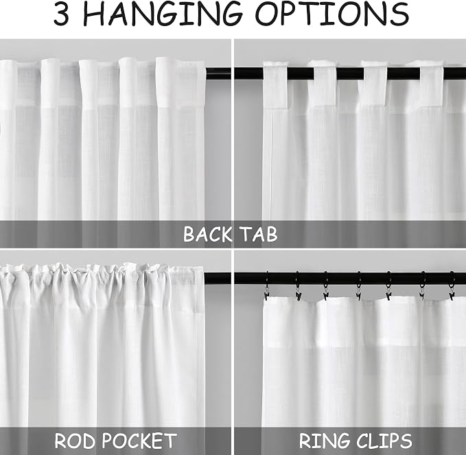 Nanspring White Semi Sheer Linen Curtains for Living Room 2 Panels Set Back Tab Rod Pocket Modern Farmhouse Coastal Decor Linen Textured Gauze Curtains for Dining Room Office Kitchen 52x69