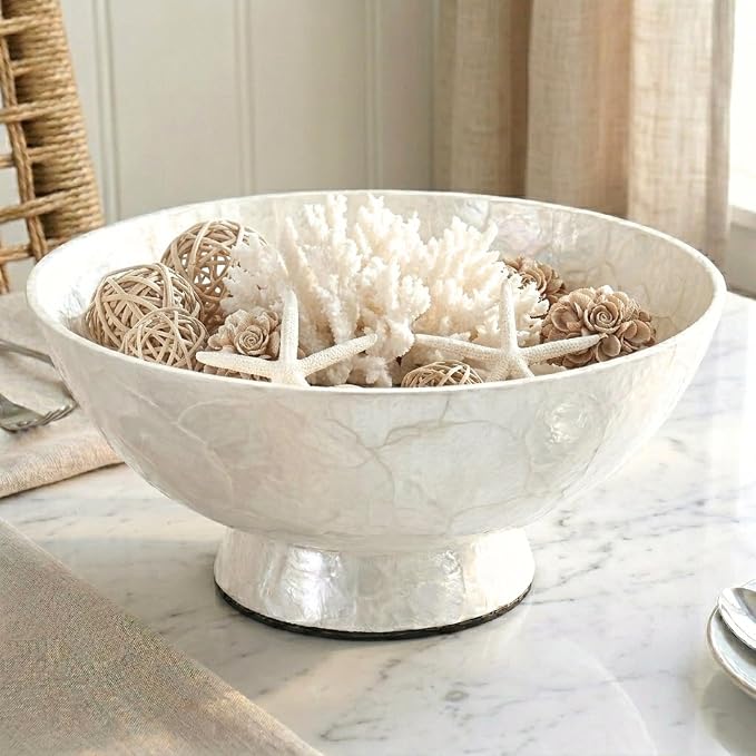 Chi An Home 11” White Capiz Shell Decorative Bowl, Large Footed Centerpiece Bowl for Kitchen Island Decor, Modern Farmhouse Fruit Bowl for Entryway & Home Décor Accents