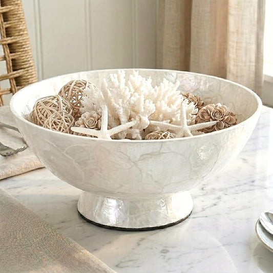 Chi An Home 11” White Capiz Shell Decorative Bowl, Large Footed Centerpiece Bowl for Kitchen Island Decor, Modern Farmhouse Fruit Bowl for Entryway & Home Décor Accents