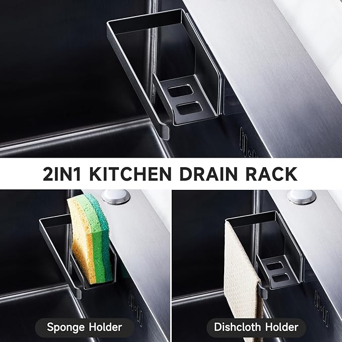 Sponge Holder for Kitchen Sink, Adhesive Dishcloth Holder, Dish Sponge Kitchen Sink Caddy 2 In 1, Metal Dishcloth Racks Sink for Dishcloths, Sponges, Brushes and Glove (Black)