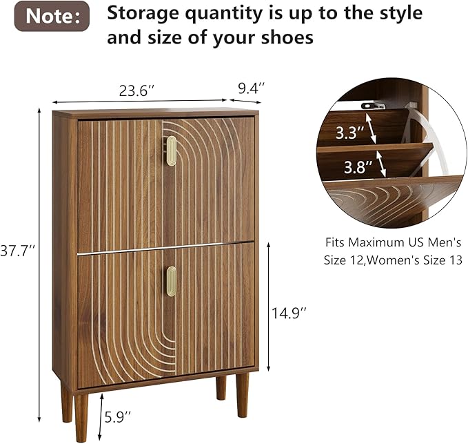 Shoe Cabinet Storage for Entryway, Narrow Slim Shoe Storage Cabinet with 2 Flip Drawers, Freestanding Shoe Rack Organizer Cabinet with Line Groove Design for Hallway, Brown