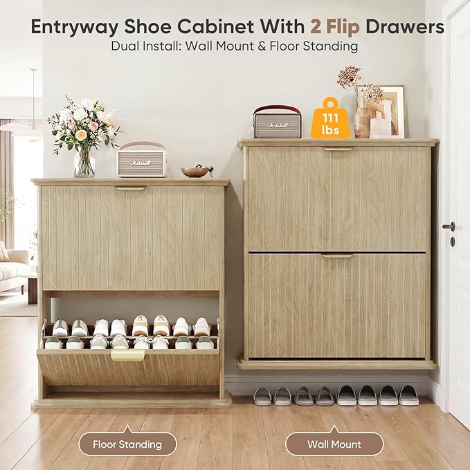 Natural Wood Slim Shoe Storage Cabinet with Fluted Doors,31.5" Modern Hidden Shoe Rack with 2 Flip Drawers,Rounded Corners,Wall-Mounted Narrow Shoe Organizer