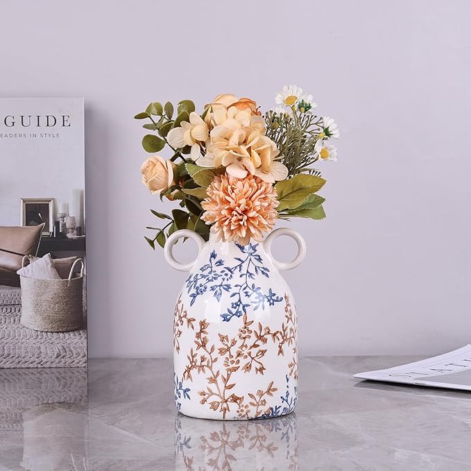 Blue Floral Ceramic Vase with Handle, Nordic Boho Small Vases Side Table Flower Centerpiece, Wide Mouth Single Flower Vase Pampas Grass Decorative - for Home Window Sill Living Dining Room Kitchen