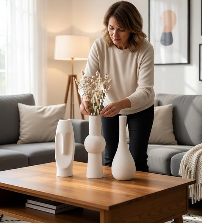Ceramic Vase Set of 3 White Home Decor Modern Farmhouse Style Living Room Ornament Dining Table Room Pottery Small Vases for Dried Flowers