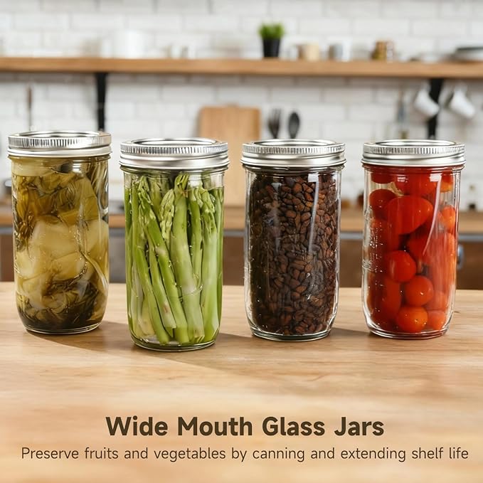 6 Pcs Wide Mouth Jars, 25.4 fl oz Canning Jars with Measurement Marks, Thick Glass Material, Airtight Seal Lid, Ideal for Food Storage, Pickling, and Preserving