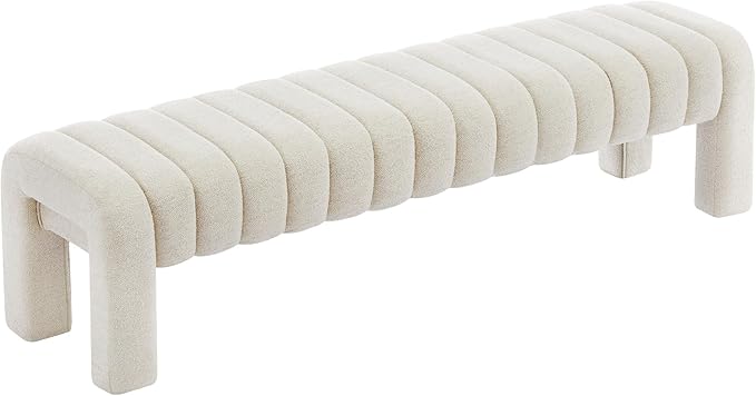 63" Upholstered Bed Bench, Channel Tufted Bench for Entryway, Accent Window Seat for Living Room, Modern Minimalist Ottoman Foot Stool, Linen Beige
