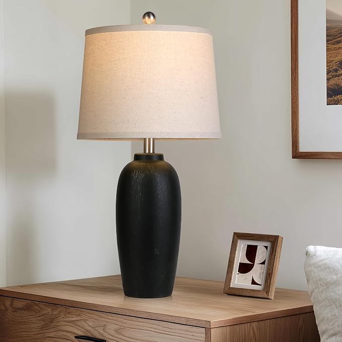 Jar Table Lamps Set of 2, 25" Ceramic Bedside Lamps for Living Room, Black Farmhouse Nightstand Lamps for Bedroom