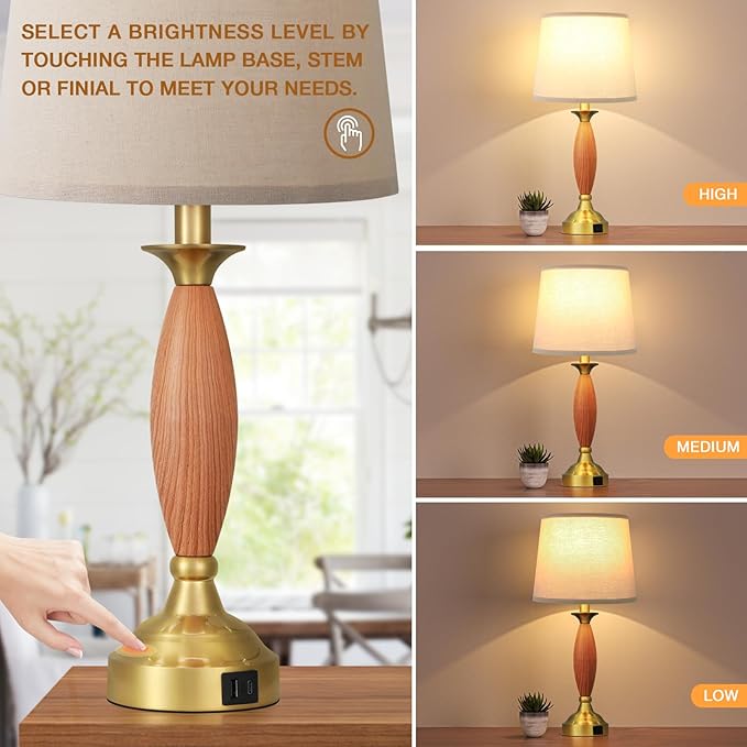Seealle Touch Bedside Lamps for Nightstand - Bedroom Lamps Set of 2 with USB C+A, 3 Way Dimmable Table Lamps for Living Room (Wood Body and Gold Base)