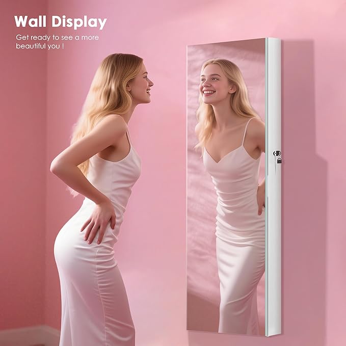 PEALSN Full Length Mirror Jewelry Organizers and Storage Cabinet, Wall or Door Mounted, Necklace Ring Earring, and Makeup Storage Lockable Gift Armoire, White.