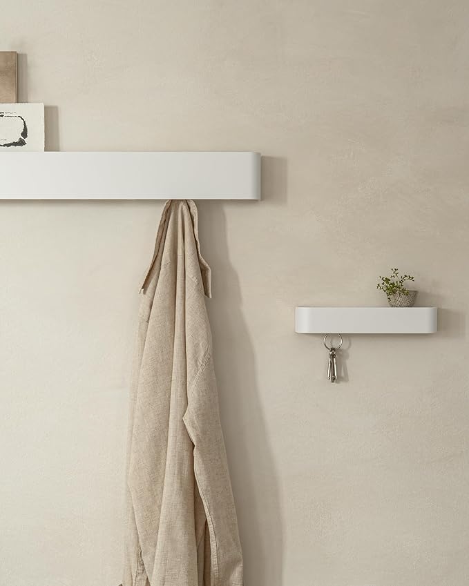Kazai. Coat Rack Wall Mount with Shelf 'Tone' | Modern Design Coat Hanger with Hidden Hooks and Storage | Hat Rack with Shelf in Metal | Wall-Mounted Purse Organizer | White