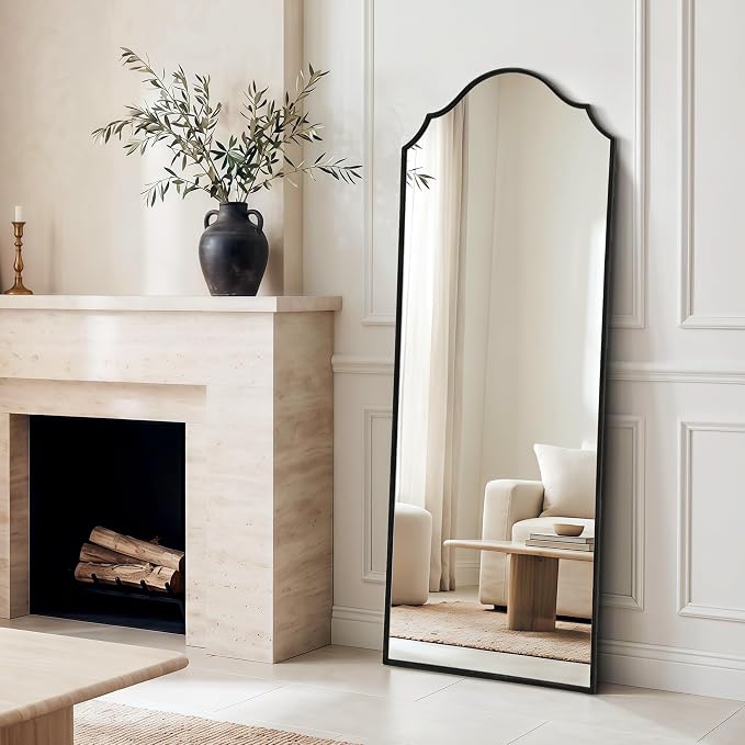 Besdomus Scalloped Full Length Mirror: 21"x56" Black Arched Floor Mirror - Minimalist Modern Wooden Frame Long Body Standing for Wall/Bedroom/Cloakroom/Entryway/Living Room - Home Decor for Housewife