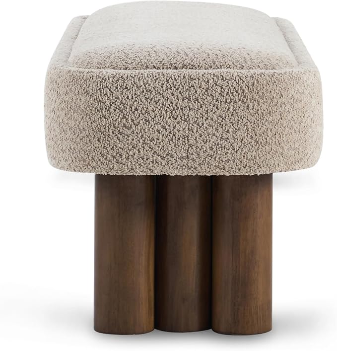 Christopher Knight Home Damas Boucle Upholstered Dining Bench, Wooden Entryway Bench, Long Sofa Footstool for Living Room, Bedroom End of Bed Bench, Khaki+Walnut