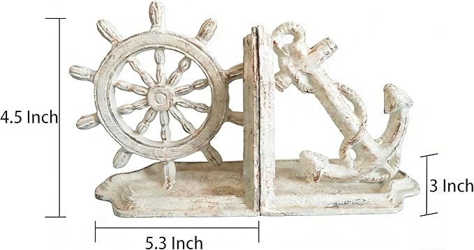 Anchor Bookends Decorative, Anchor and Nautical Ship Wheel Bookends Set,Heavy Duty Cast Iron Book Holder, Book Ends for Shelves Living Room Home Office, Antique Blue, 1 Pair/2Pieces (Antique White)