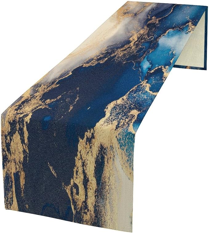 Marble Table Runner,Navy Blue Gold Stripe Marble Farmhouse Pattern Table Runner for Coffee Table Dining Room Table Bedroom Party Holiday Decor 13x72inch
