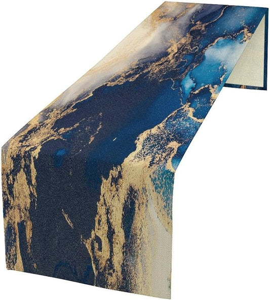 Marble Table Runner,Navy Blue Gold Stripe Marble Farmhouse Pattern Table Runner for Coffee Table Dining Room Table Bedroom Party Holiday Decor 13x72inch