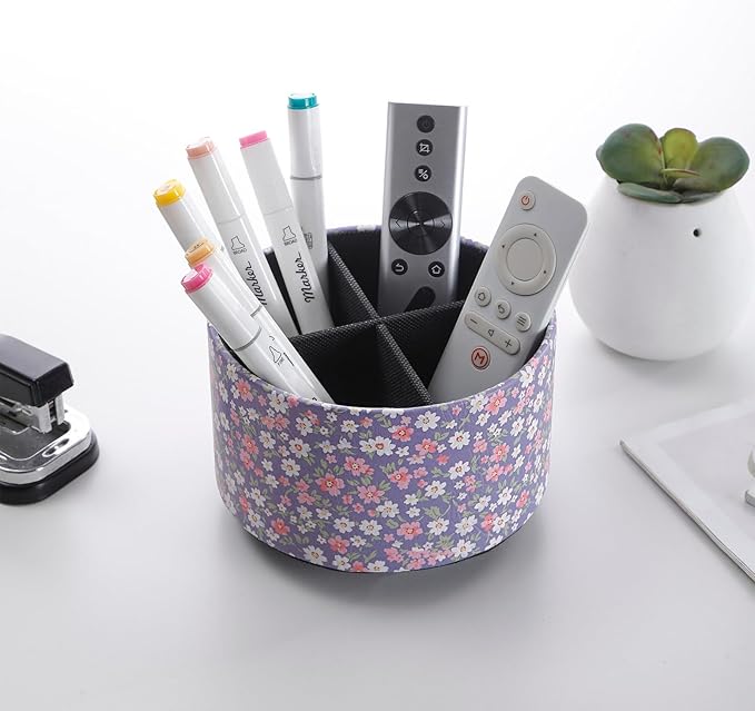 360 Degree Rotating Remote Holder for Table, Spinning Desk Organizer, Desk Caddy Pen Cup for Nightstand, Coffee Table, Office, 4 Compartment Stationary Remote Basket, Small Flowers PH129