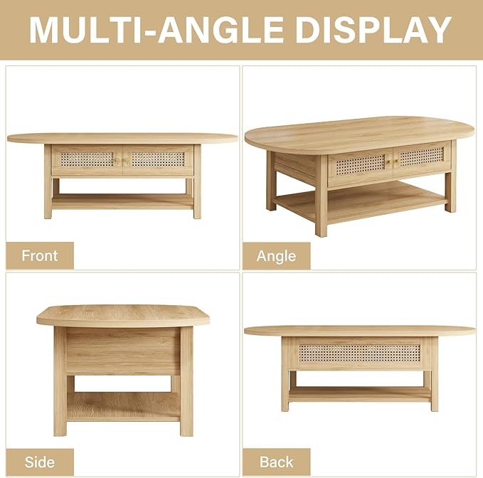 LVB Rattan Coffee Table, Boho Wood Living Room Table with Storage, Oval Modern 2-Tier Cocktail Tea Table with Doors & Open Shelf, Farmhouse Vintage Center Tables for Bedroom Office, Light Oak, 47In