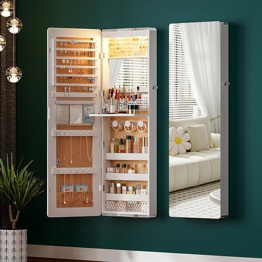 HNEBC Full Length Mirror with Storage, Wall Mounted Jewelry Cabinet with Lights, Lockable Over Door Jewelry Organizer with Drawer, Foldout Makeup Tray 47.2" Hx14.5 Wx3.9 D, White