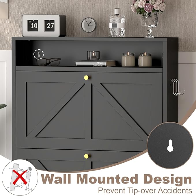 Hidden Shoe Rack, 2 Flip-Down Front Door Shoe Storage, Ultra Slim Shoe Cabinet Wall Mounted, Floating Shoe Storage Cabinet for Entryway, Space-Saving Moeden Cabinet for Small Place, Black