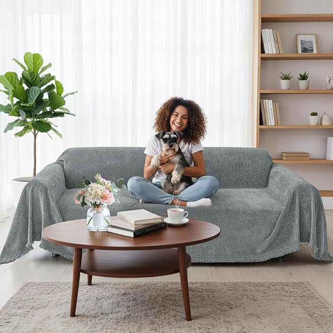 Smiry Couch Cover for Dogs, Washable Chenille Sofa Covers for 3 Cushion Couch, Soft Sofa Slipcover for Pets, Thick Sectional Furniture Protector with Tassels (Grey, 71x134 Inch)