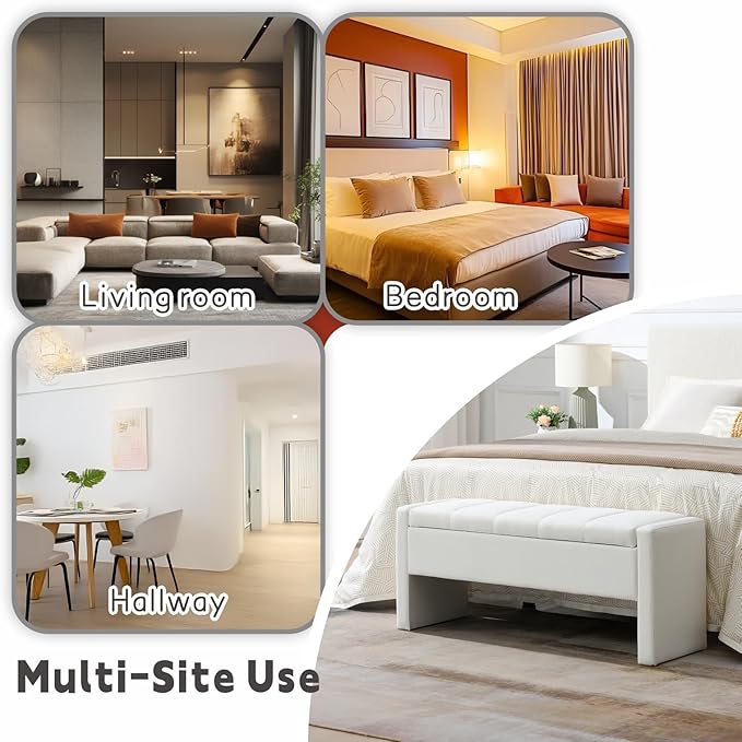 47.25'' Ottoman with Storage, End of Bed Storage Bench, Entryway Bench - Linen Upholstered Multi-Functional Footrest for Bedroom, Living Room, Dorm & Window Bench (A-White)
