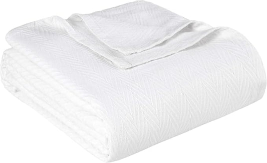 Superior Metro 100% Cotton Blanket, Perfect for Bedroom, Living Room, Couch, Picnics, Travel, Beach, or Camping, Comfy Blanket, Bedroom Decor, Essentials, Zig-Zag Cover for Bed, Full/Queen, White
