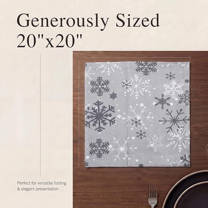 Urban Villa Cloth Napkins 100% Cotton Highly Absorbent Washable Reusable Premium Dinner Napkins Ideal for Gifts for Mothers Day Hotel Farmhouse Parties - Grey Snow Flakes (20" x 20", Set of 12)