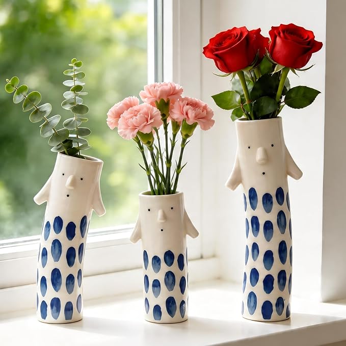 MOUGIGI Cute Family Face Vases Set of 3 - Unique Ceramic Bud Vases for Small Flower - Fun Modern Aesthetic Decor for Home - Pretty Decorative Flower Holder for Women and Kids for Spring