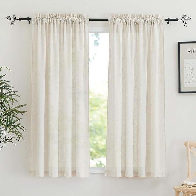 RYB HOME Linen Blend Curtains 63 inch Length - Semi Sheer Curtains & Drapes Light Filtering for Bedroom Bathroom, 52" W x 63" L, 2 Panels