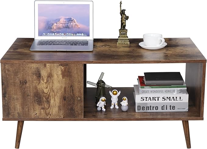 ZenStyle Mid Century Modern Coffee Table, Wooden Retro Coffee Table with Open Storage Shelf for Living Room, Reception, Easy Assembly (Brown)
