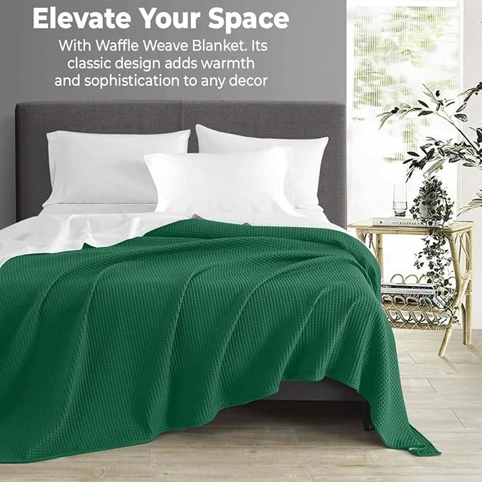 100% Cotton Blankets for Bed - Waffle Weave Blankets for Summer, Lightweight and Breathable Soft Woven Blanket for Spring (Dark Green, King (90" x 108"))