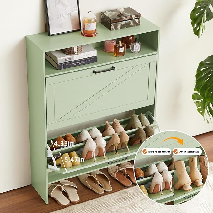 RWYHG Shoe Cabinet Storage for Entryway with 2 Flip Drawers Open Storage Layer Rack Narrow Organizer Slim Hidden Wood Shoe Cabinet Furniture Green