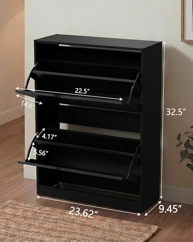 Shoe Cabinet Organizer with 2 Flip Drawers, Freestanding Narrow Rack with Adjustable & Removable Shelves, Slim Shoe Storage for Entryway, Foyer, Hallway, Black