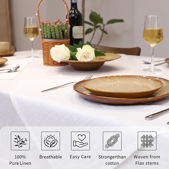 Linen Tablecloth for Rectangle Table with 4PCS Linen Napkins 100% Pure Linen Natural Dining Table Cloth Fall Halloween Thanksgiving Christmas Holiday Decor(White, 60" x 84")