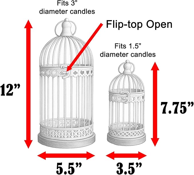 VELA LANTERNS Birdcage Candle Lanterns – Set of 2 Decorative Metal Lanterns on Wooden Base – Vintage Farmhouse Tabletop & Hanging Lantern for Weddings, Parties & Home Decor, Gold