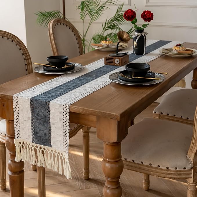 EMMTEEY Boho Table Runner with Tassels- Scratch & Heat Resistant, 72 Inches Long Table Runner Cotton Linen Macrame Handmade for Dining Table/Wedding Décor (12"X72", Stone Blue)